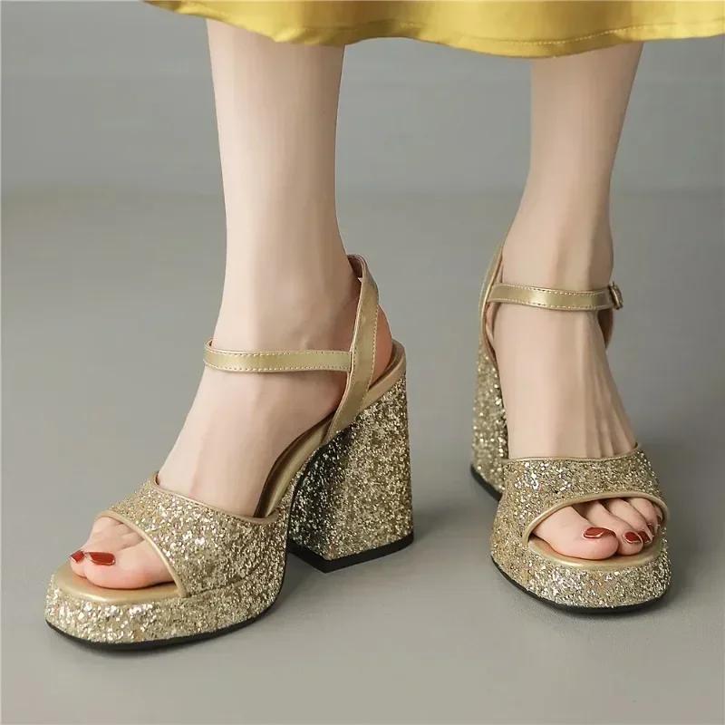 Damen Glitzernde Pailletten Plateau Sandalen Silber Gold Party Schuhe Sommer Absatz Chunky Heel Peep Toe Pailletten Damen Pantoletten Sandalen