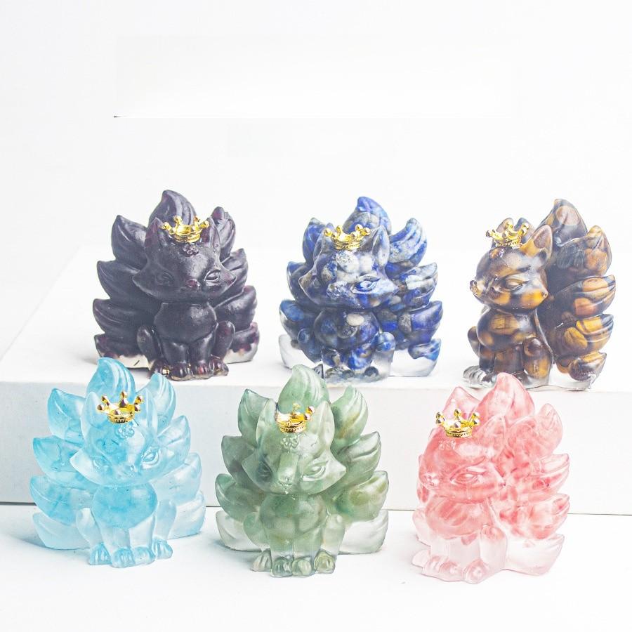 Water Crystal Decorative Figurine With Crown Nine Tails Fox For Modern Desk Display
