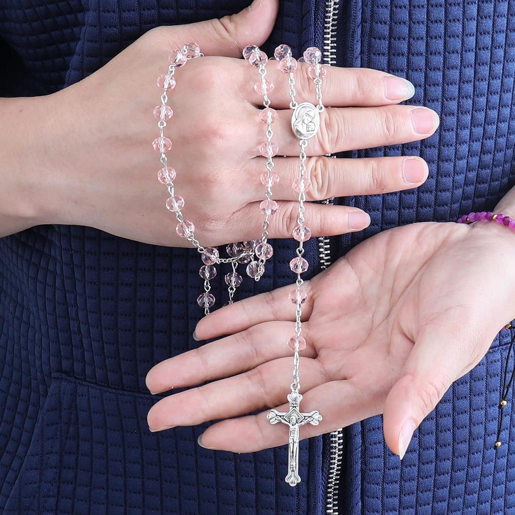 Light pink crystal bead rosary Catholic necklace with sacred earth medal and cross.