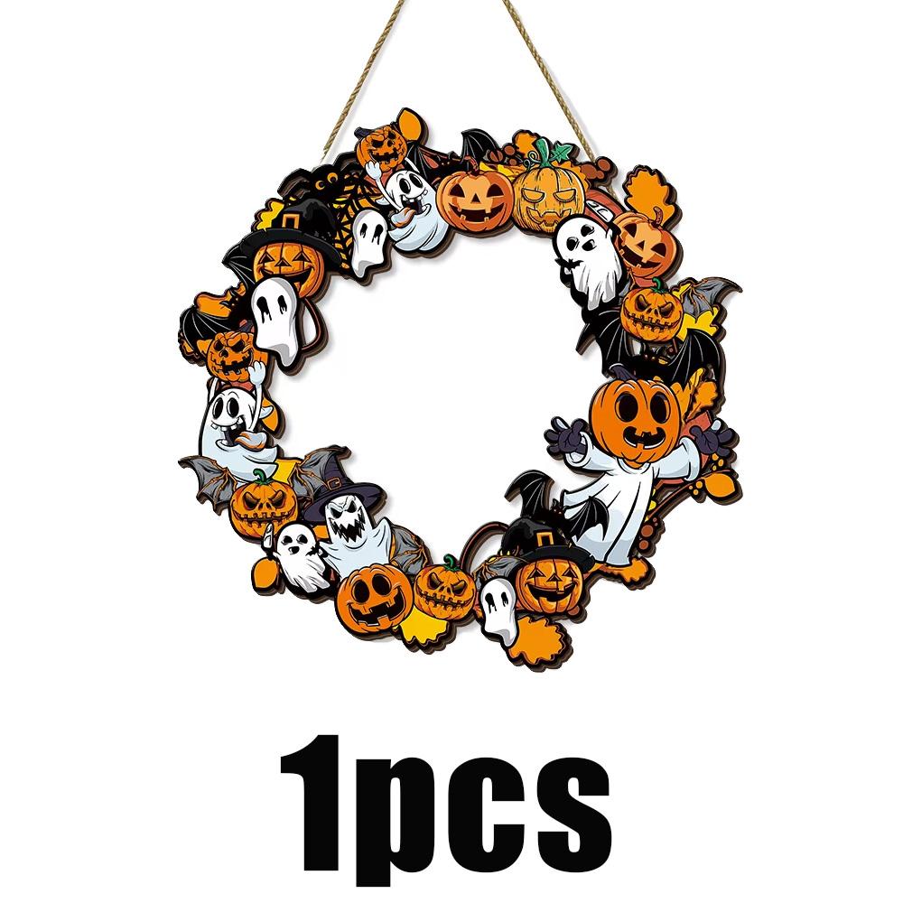 1/2pcs Halloween Pumpkin Bat Ghosts Wreath Wooden Tag Indoor Outdoor Pendant For Festive Party Doors Windows Home Decoration