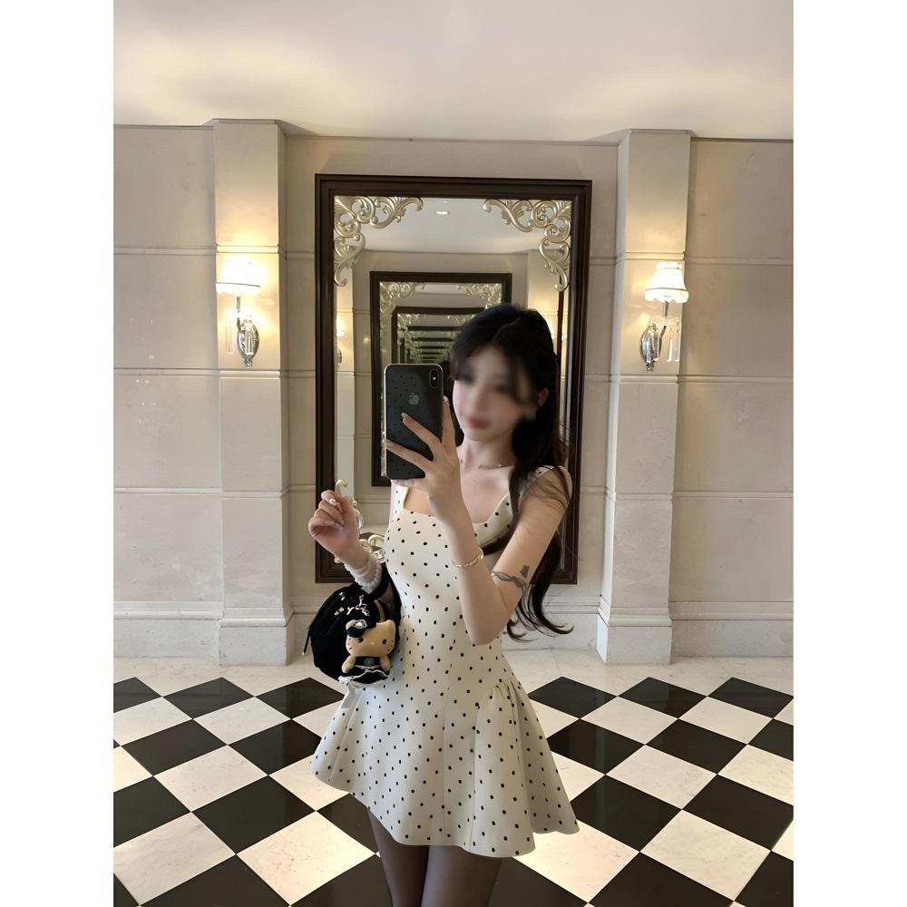 Summer new waist small polka dot suspender dress women's thin temperament women's a word short skirt style