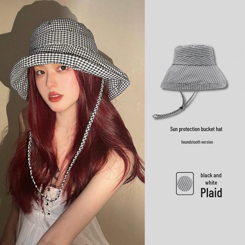 Women's Korean Style Plaid Fisherman Hat - Large Brim, UV Protection, Foldable for Spring & Summer