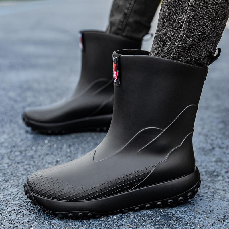 Men's Rainboots Mid-calf Style Fashion Outdoor Anti-slip Water Shoes Lightweight Waterproof Rubber Shoes Overshoes