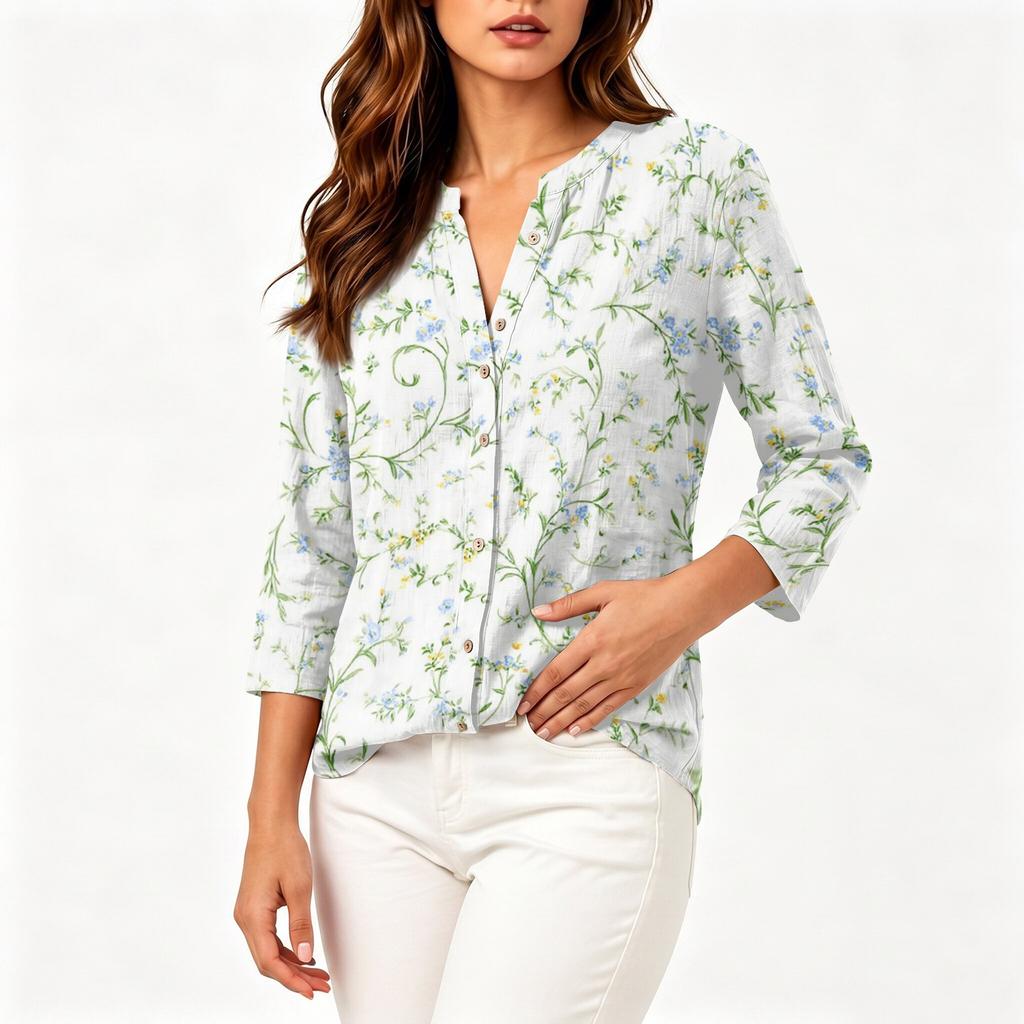 Women Vintage Floral Print Henley Collar Button Down Shirt Three Quarter Sleeve Linen Cotton Blouse Casual Loose Fit Top