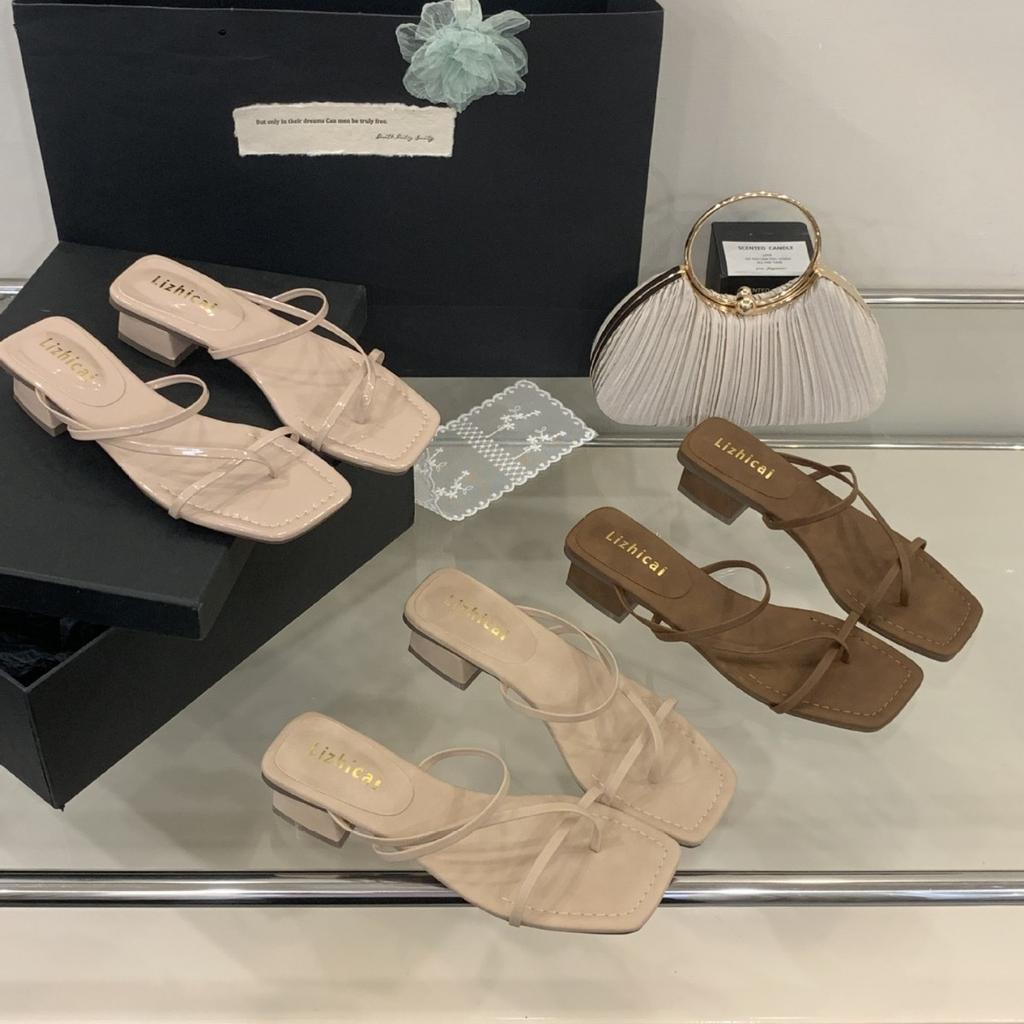 2025 Summer New Thick Heel French Square Toe Cool Slippers Women's Shoes Outside