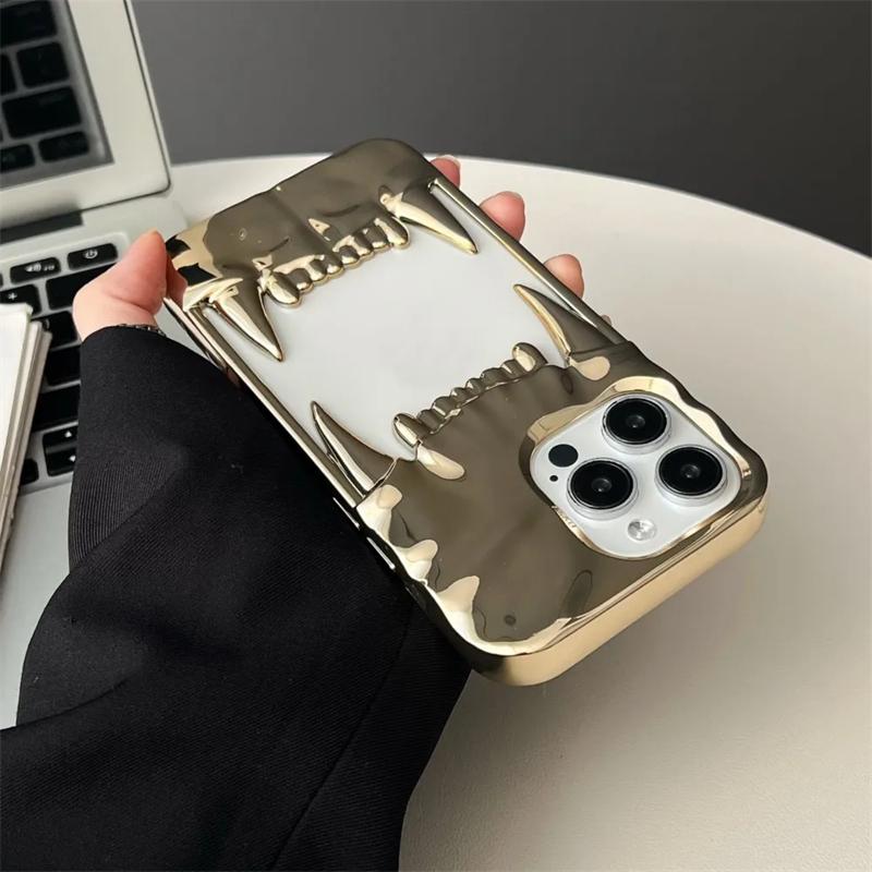 3D Galvanisierte Tigerzähne Hülle mit Hohlraum für iPhone 16 15 14 Plus 13 12 11 Pro Max Luxuriöse Stoßfeste Schützende Weiche Hülle