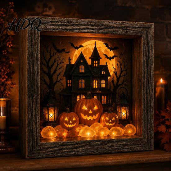 Gothic Shadow Box Night Light DIY Lighted Halloween Ghost Kit Wooden Frame LED Warm Light Crystal Glass Display Case Memory with Panel Decorative