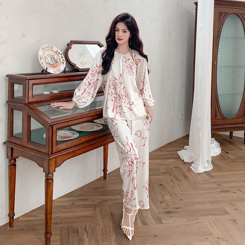 

Пижама с рисунком из ледяного шелка, женская, классная, атласная, с длинными рукавами, с дизайном брюк, комплект пижамы XL