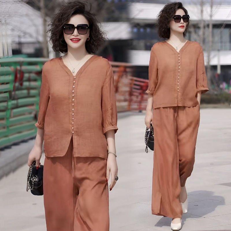 Tencel Linen Summer 2026 Korean Style Two-Piece Set: Top & Wide-Leg Pants for Middle-Aged Women