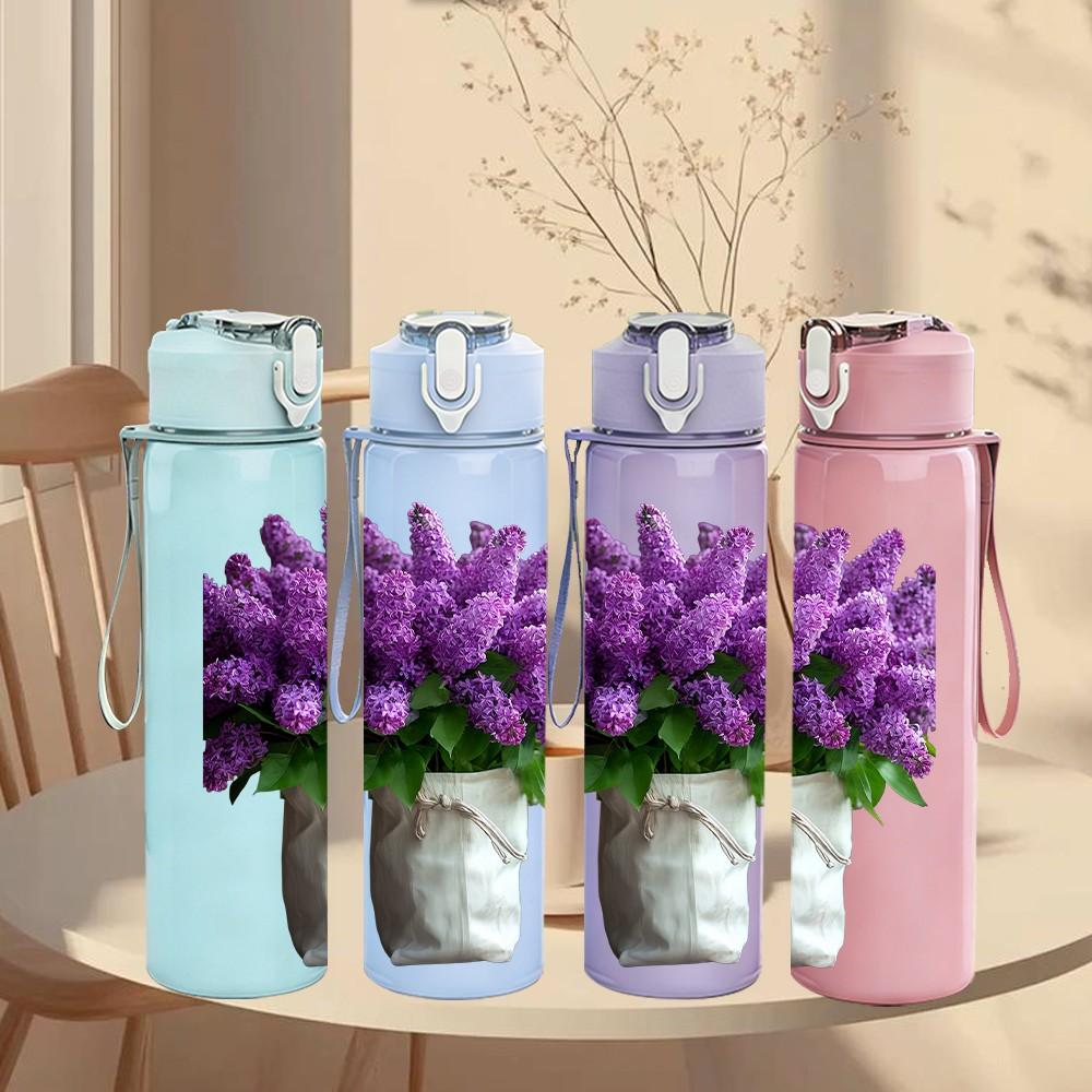 1PC Purple Lavender In Ceramic Pot Print 750ml Color Plastic Sports Water Bottle Leakproof Flip Straw Lid Suitable for Sports Office Home Use