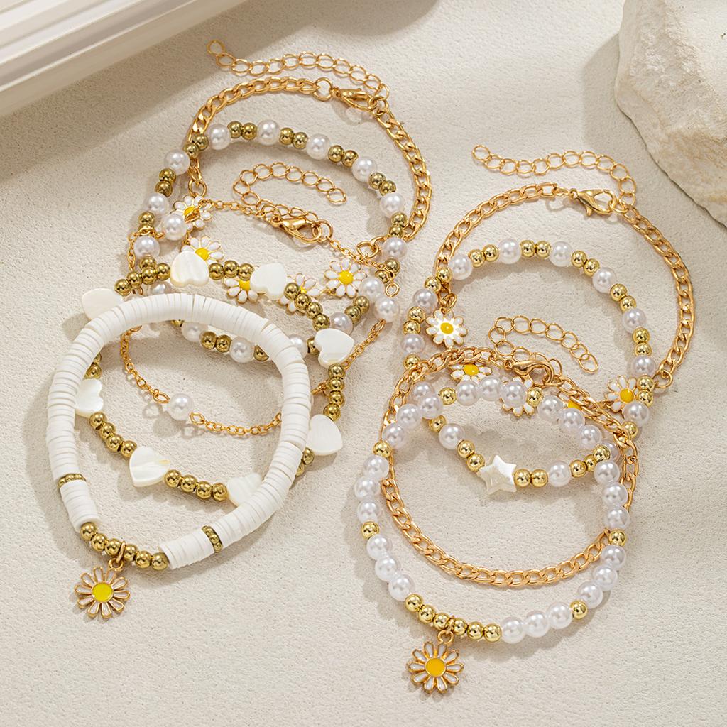 9-piece Bohemian Style Oil Drop Daisy Pendant Bracelet, Multiple Layered Soft Ceramic Flower Imitation Pearl Bracelet Set