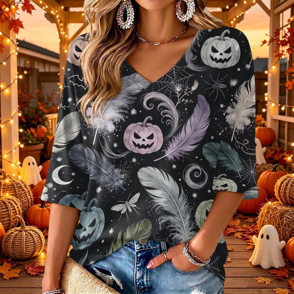 Women's V-Neck Casual Halloween Print Three-Quarter Sleeve Tunic Top for Fall Party Outfits