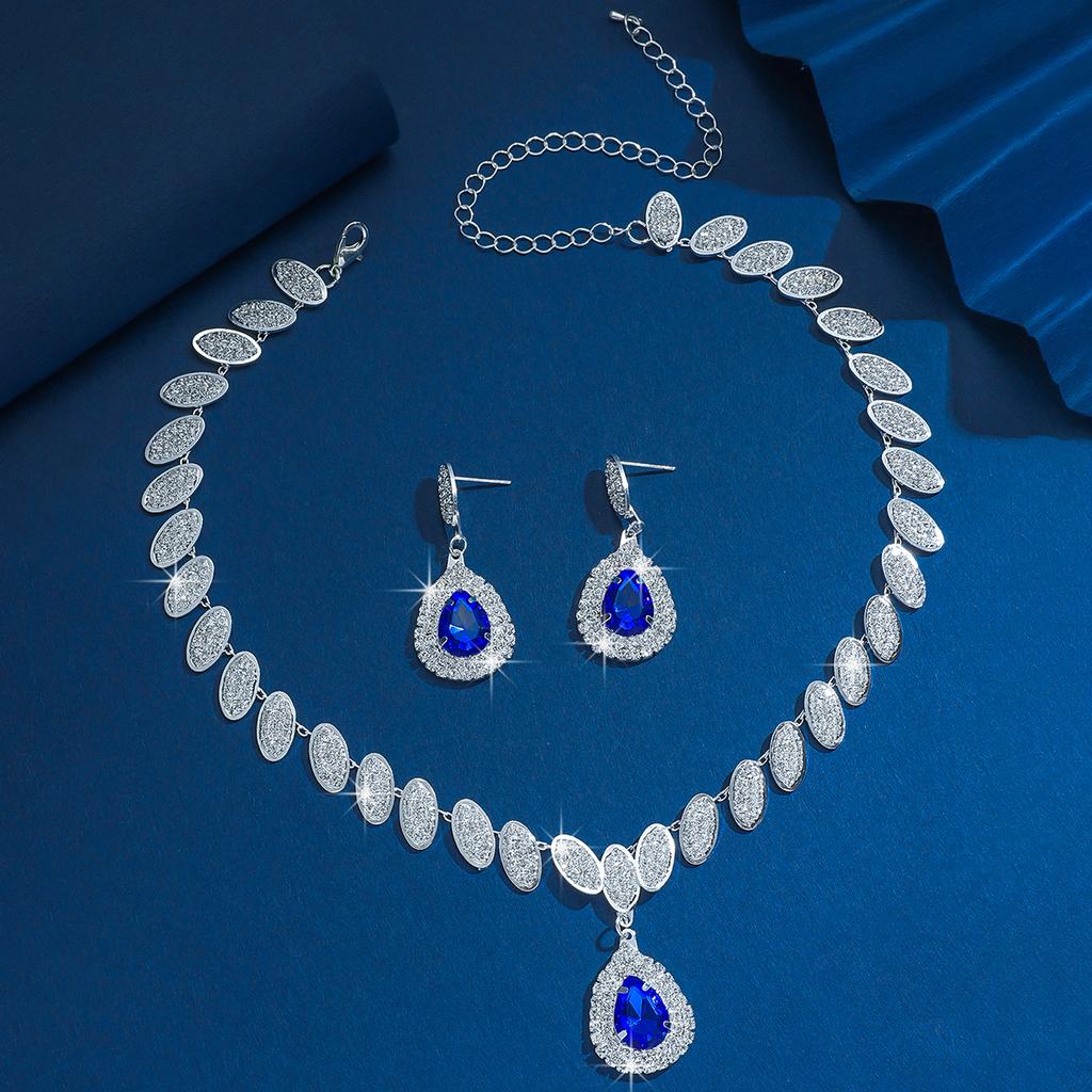 3PC Women's Fashion Copper Inlaid Claw Chain Starlight Water Drop Necklace Earring Set Suitable for Wedding, Party, Festival Gif