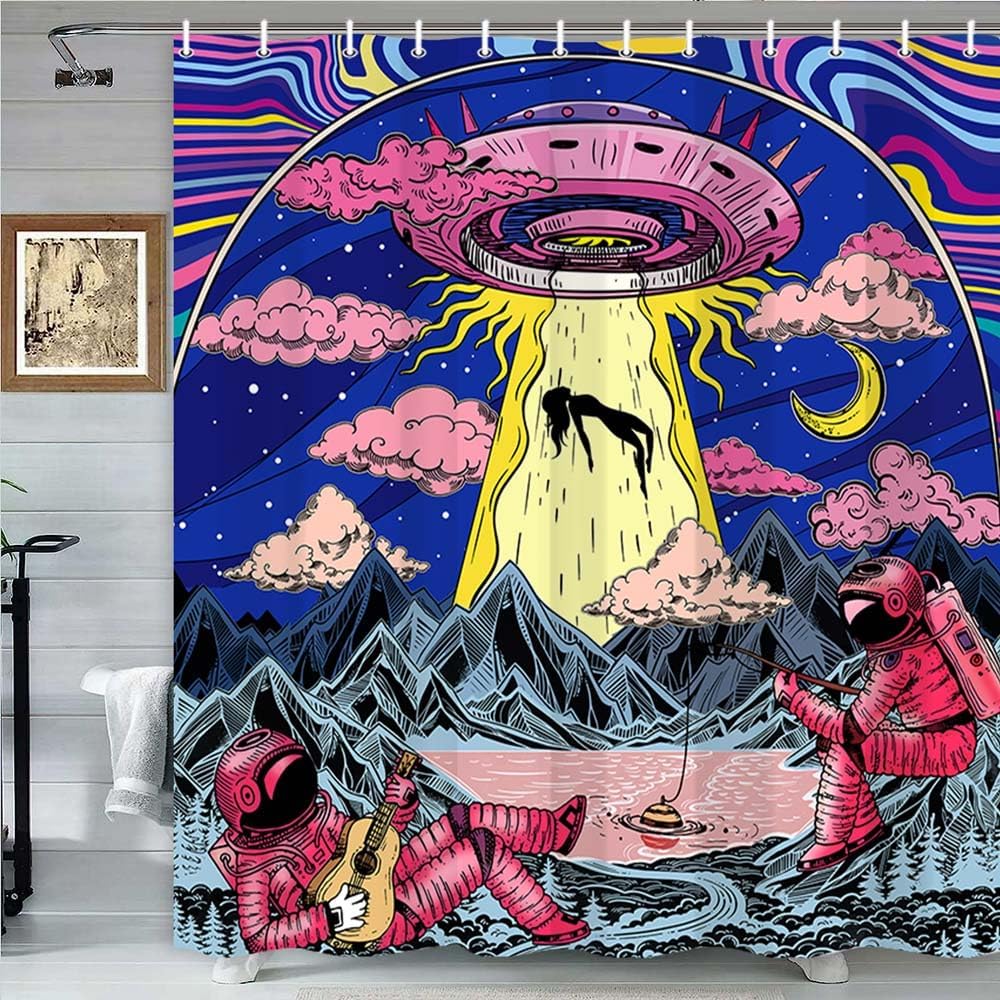 UFO Shower Curtain for Bathroom, Unique Fun Alien Astronaut Galaxy Space Starry Sky Forest Fabric Shower Curtains Set, Mountain