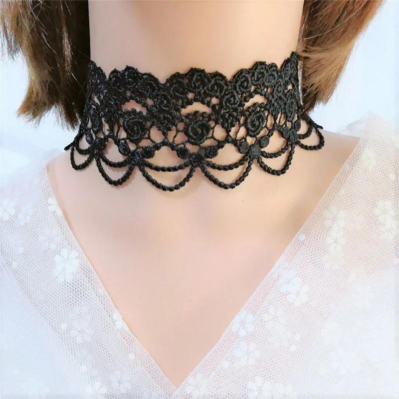 Collares Sexy Gothic Chokers Crystal Gear Chain Black Lace Neck Choker Necklace Vintage  Women Chocker Steampunk Jewelry