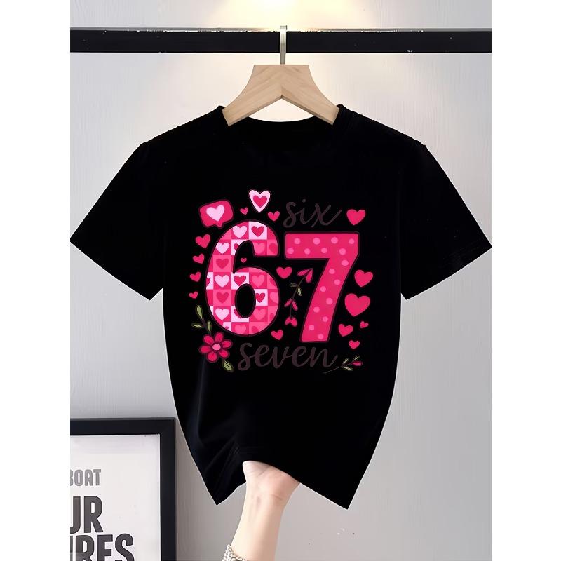 European Sizes 1pc Cotton Round Neck T-Shirt, 67 Pink Hearts and Flowers Pattern Casual and Fashionable Cotton T-shirt