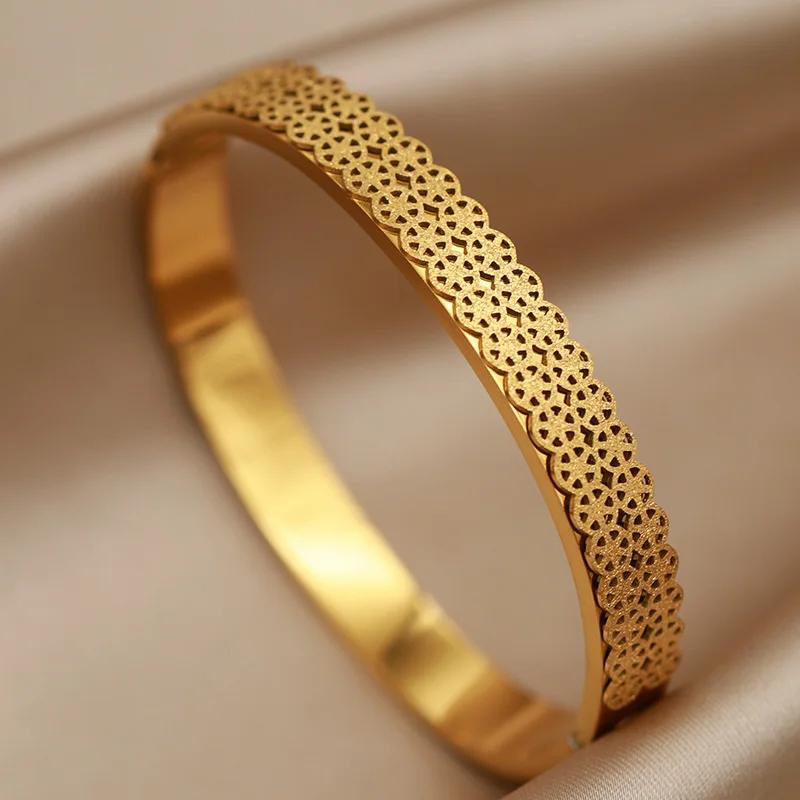 FYSARA Retro Style Double Flower Shape Stainless Steel Bracelet Engagement Zircon for Women Hollow Out Titanium Steel Bangle