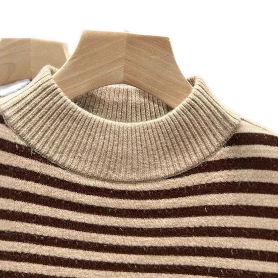 Half High Neck Sweater Women's Striped Casual and Plush Thick Pullover Long Sleeved Warm and Loose Knit Sweater