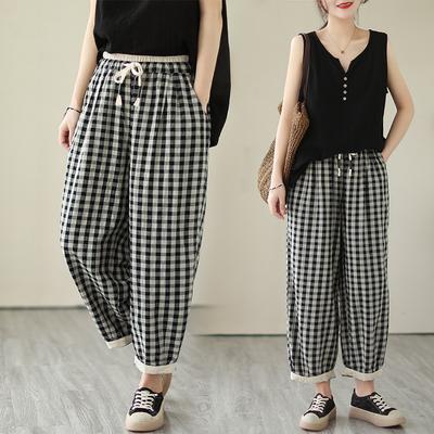 Summer Artistic Looseplaid Elastic Waisted Lantern Pants Women's Cropped Pant