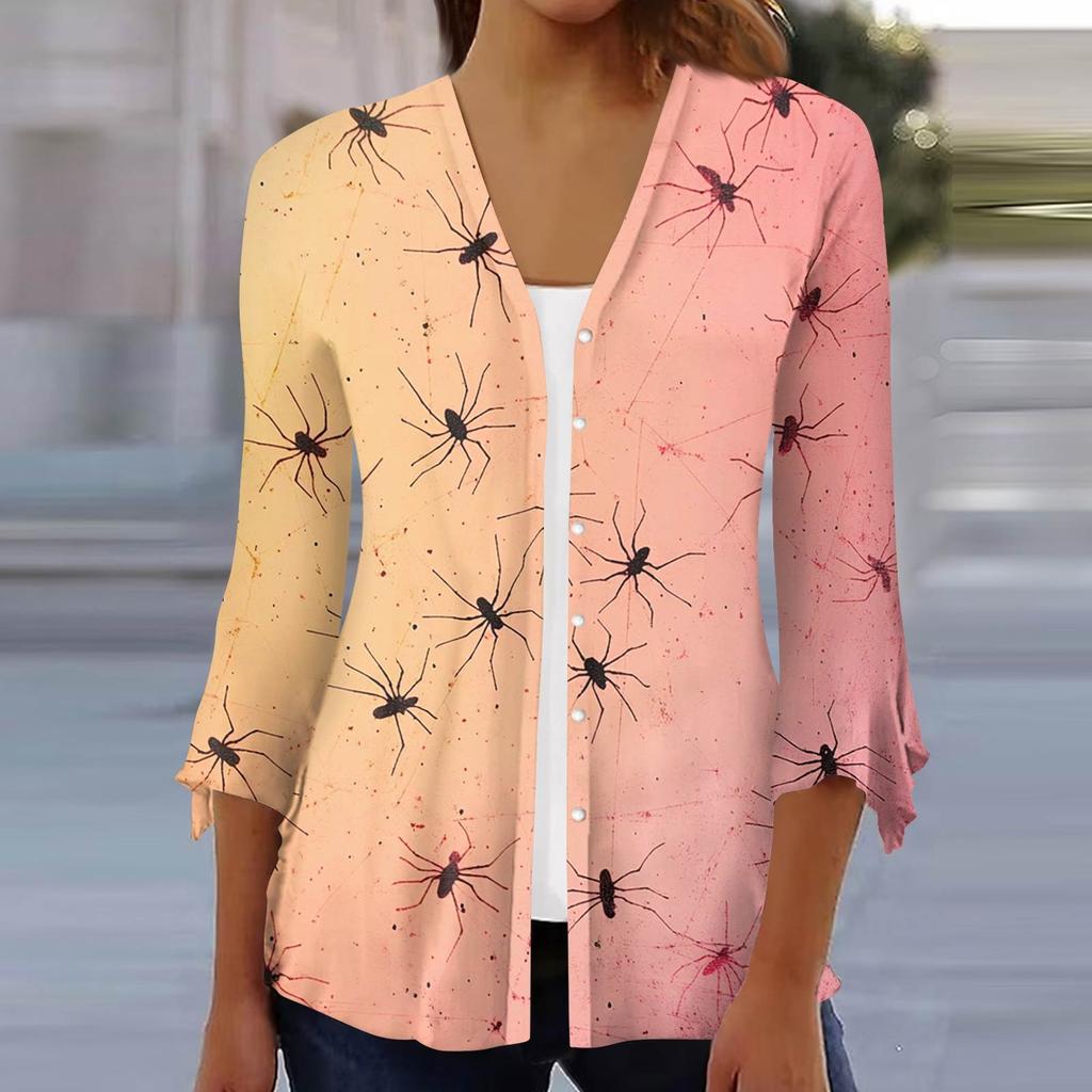 Damen Locker Lässig Bedruckt Siebenärmel Knopfleiste Hemd Strickjacke Top