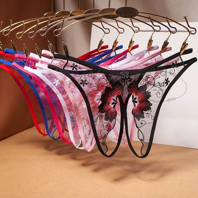 Sexy Floral Lace Thongs Women Panties See Through Crotch Opening Erotic Underwear Temptation Lingerie