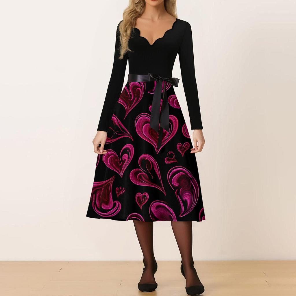 Damen Casual Mode V-Ausschnitt Valentinstag Print Retro Kleid