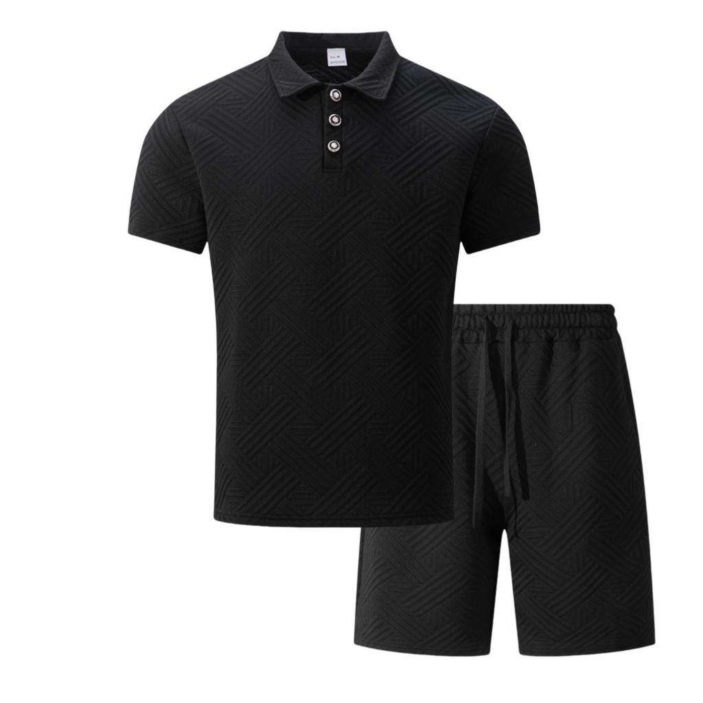 Men's Stylish Casual Collarless Short-sleeved Shirt - Men's Short-sleeved Top And Shorts Two-piece Set