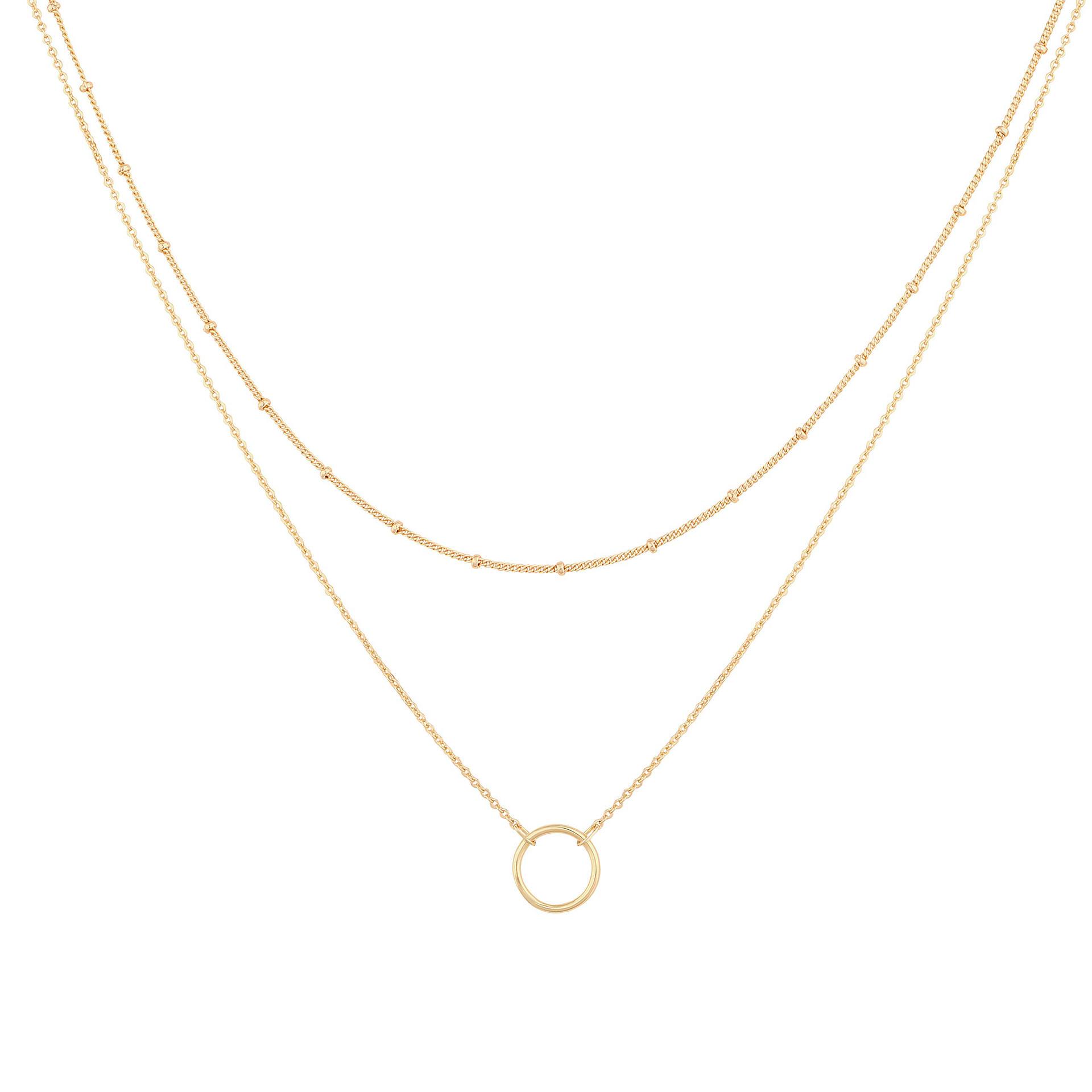 Elegant 18K Gold-Plated Stainless Steel Double Layer Necklace with Hollow Round Pendant for Women