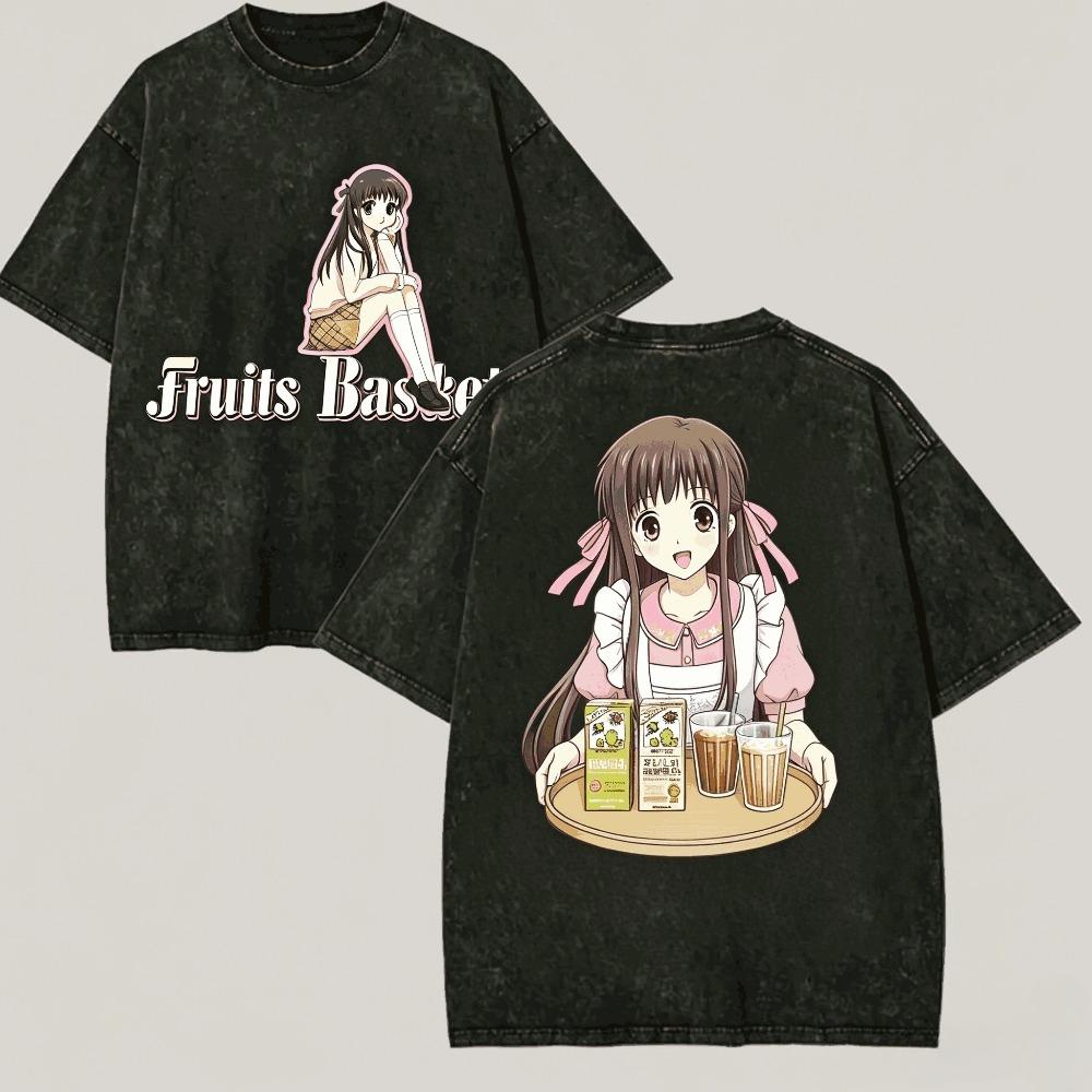 Fruits Basket Shirt Vintage Washed Unisex Oversized Anime Streetwear Soft Cotton Short Sleeve Tee Gift Clothing Tops Hot Sale