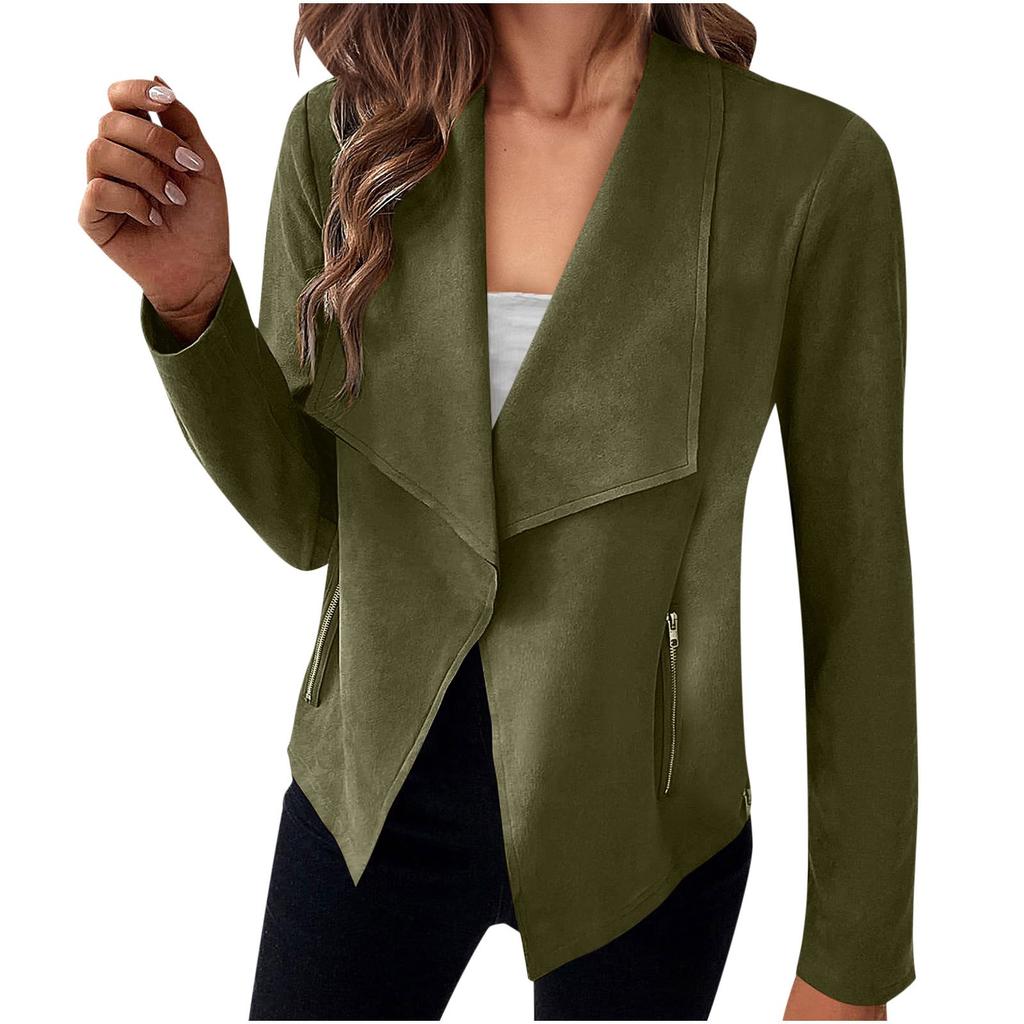 Womens Faux Suede  Long Sleeve Long Sleeve Open Front Cropped Casual Jacket Coat Outwear With Pockets