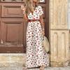 Summer Bohe Style V-neck Floral Printed Dress Belt Loose Short Sleeve Fashion Elegant Casual A-line Party Long Dresses Female Dtreetwear Clothing