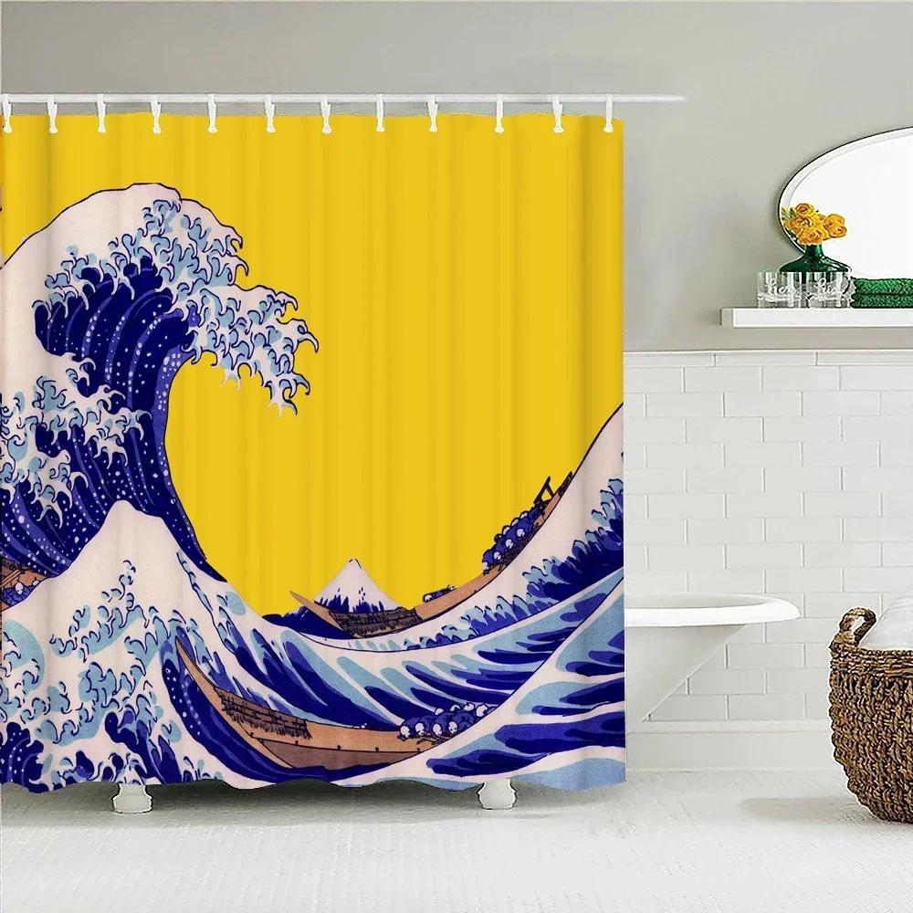 

Japanese-Style Waves Printing Shower Curtain With Hooks Home Decoration Bathroom Curtains 180X180Cm Waterproof Polyester Fabric 180x180cm