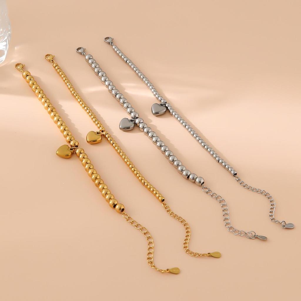 Stainless Steel Heart & Round Bead Gold Bangle Bracelet for Women