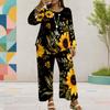 Women Plus Size Two Piece Pants Set Round Neck Long Sleeve Printed Dark Blue Layered Top Wide Leg Pants
