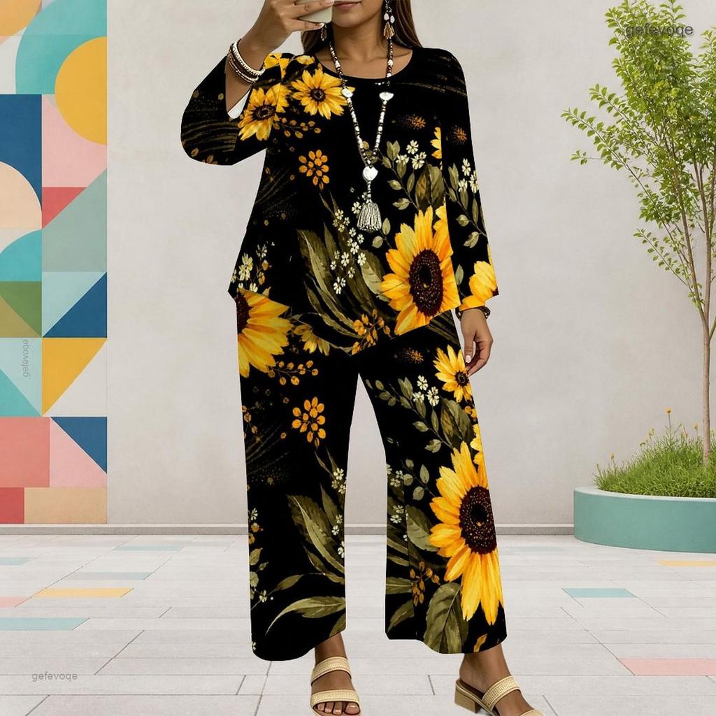 Women Plus Size Two Piece Pants Set Round Neck Long Sleeve Printed Dark Blue Layered Top Wide Leg Pants