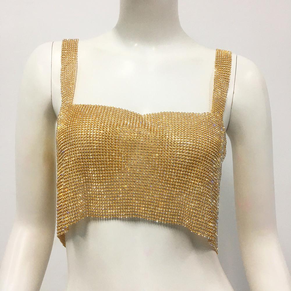 Metallic Streetwear Women Tank Top With Rhinestone Embellishments
