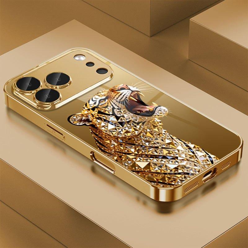 Golden Tiger Diamond Pattern Metallic Tempered Glass Phone Case For iPhone 11 12 13 14 15 16 17 18 Pro Max Plus 17 Air 16E Cover
