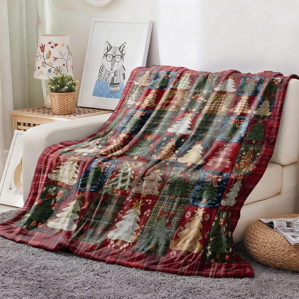 Christmas Patchwork Christmas Tree Pattern Fleece Blanket, Festive Winter Holiday Throw Blanket with Plaid Design  Portable Home