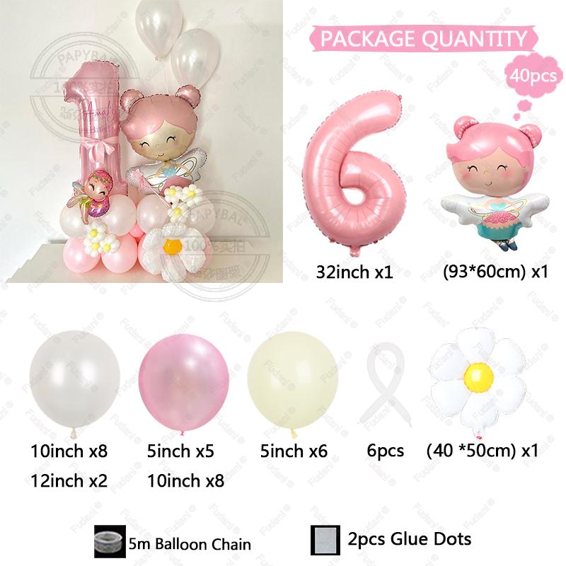 40pcs Cartoon Flower Fairy 32Inch Pink Aluminum Model Digital Balloon Column Birthday Party Decoration Wedding Supplies