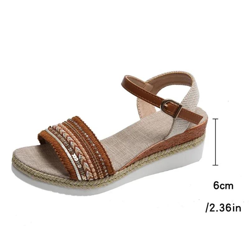Fashion Vintage Fringe Platform Sandals for Women Casual Brown Wedge Sandals Women Summer Buckle Decor Weightlight Flat Sandalias Mujer