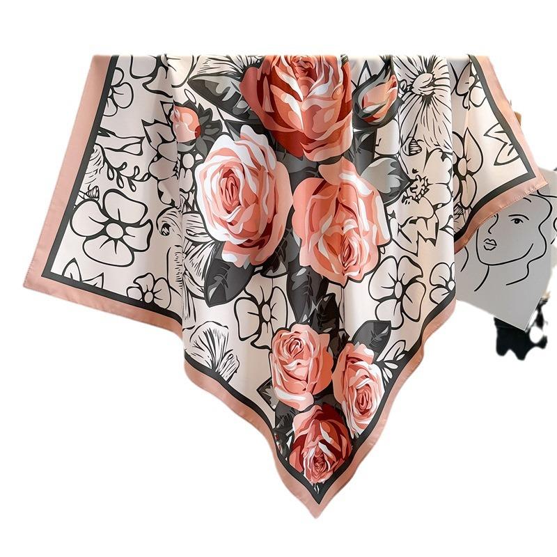 New Rose Printed Square Scarf Spring and Autumn Warm Flower Scarf Twill Silk Headscarf 91cm Temperament Versatile Shawl