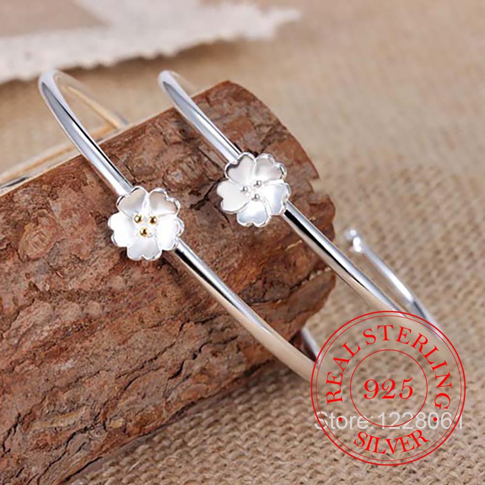 925 Sterling Silver Lucky Cuff Women's Bracelets Cherry Blossom Flower Bangle Party Jewelry Argent 925 Jewellery Ajustable