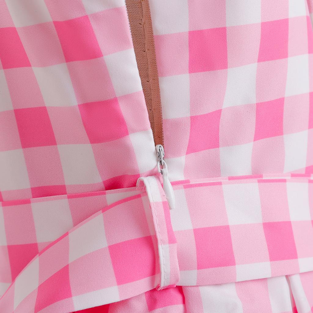 Children Cosplay Movie Clothes Princess Dress Girls Suspender Plaid Waist Fashion Pink Long Dresses with Bow Hair Accessories