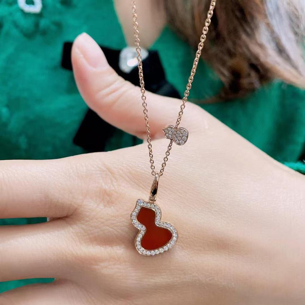 18K Gold Plated Linjia Gourd Necklace with Red Agate & White Mother-of-Pearl Pendant for Women
