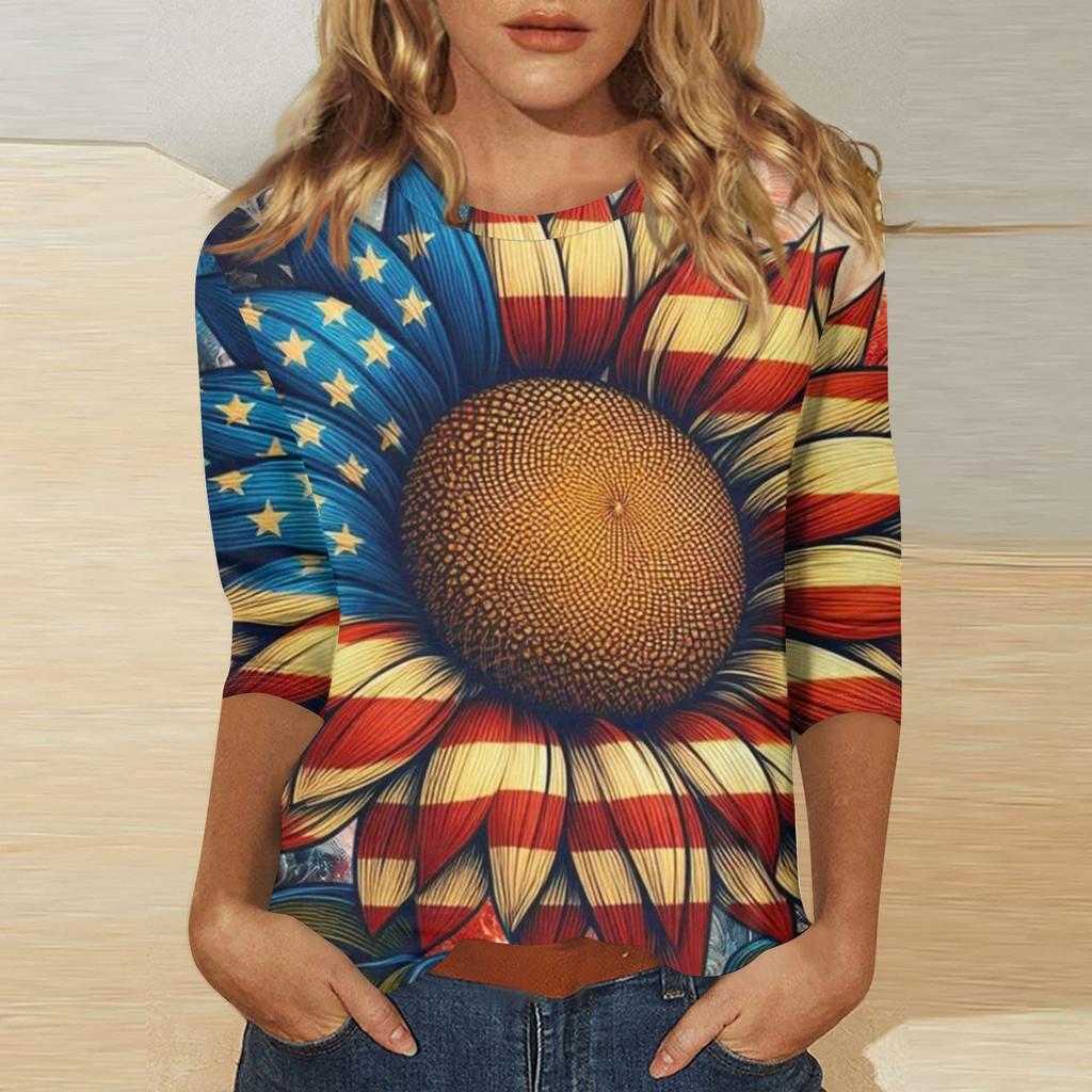 Women's Independence Day Print Round Neck Seven-Eighths Sleeve Top