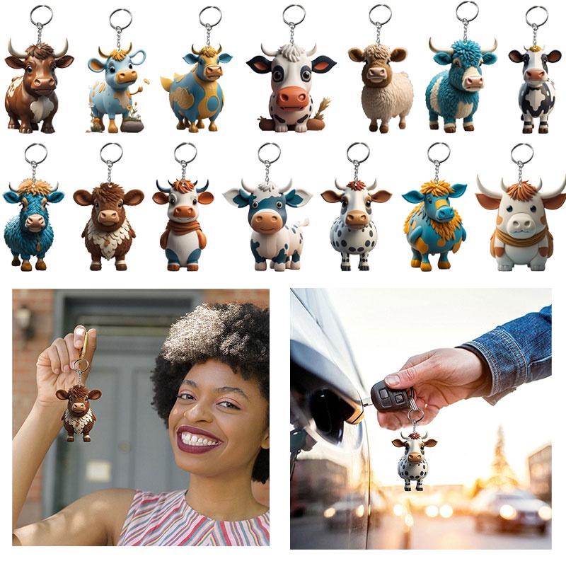 Cow Keychain Cartoon Acrylic Car Keyring Bull Backpacks Pendant Gifts Novelty