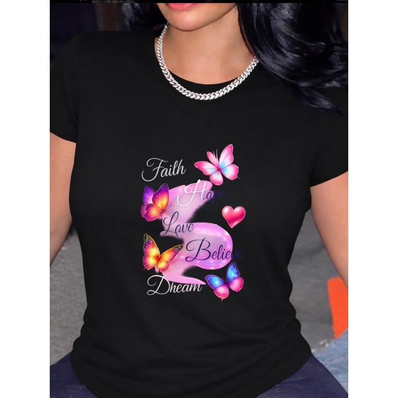 European Size Women's Butterfly Print T-Shirt -Loose Fit Short Sleeve Round Neck Blouse with Short Sleeves, Casual Top for Spring Summer,Casual Attire
