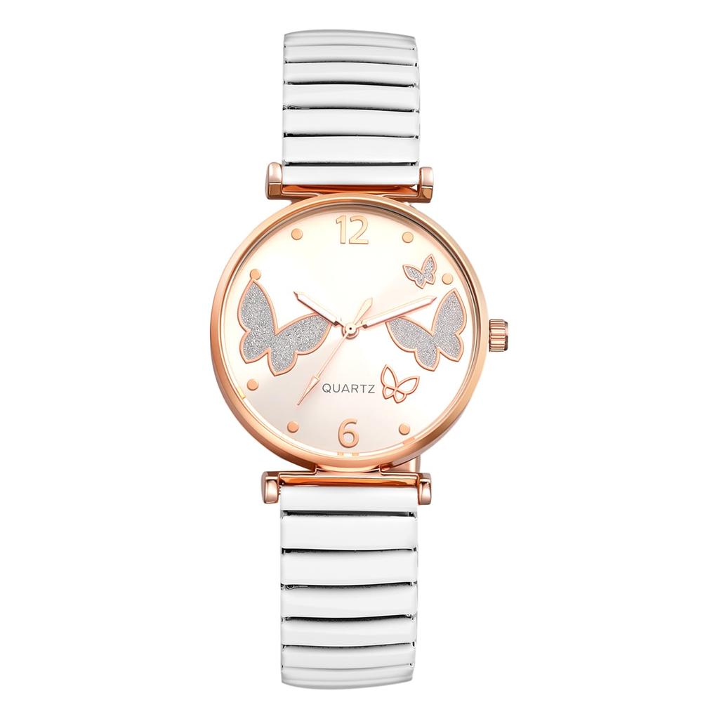 Watch Butterfly Analog Stainless Steel Elastic Stretch Band Arabic Sunray Party Gift for White Friend Women's Charm Quartz, Sparkling, Bangle,