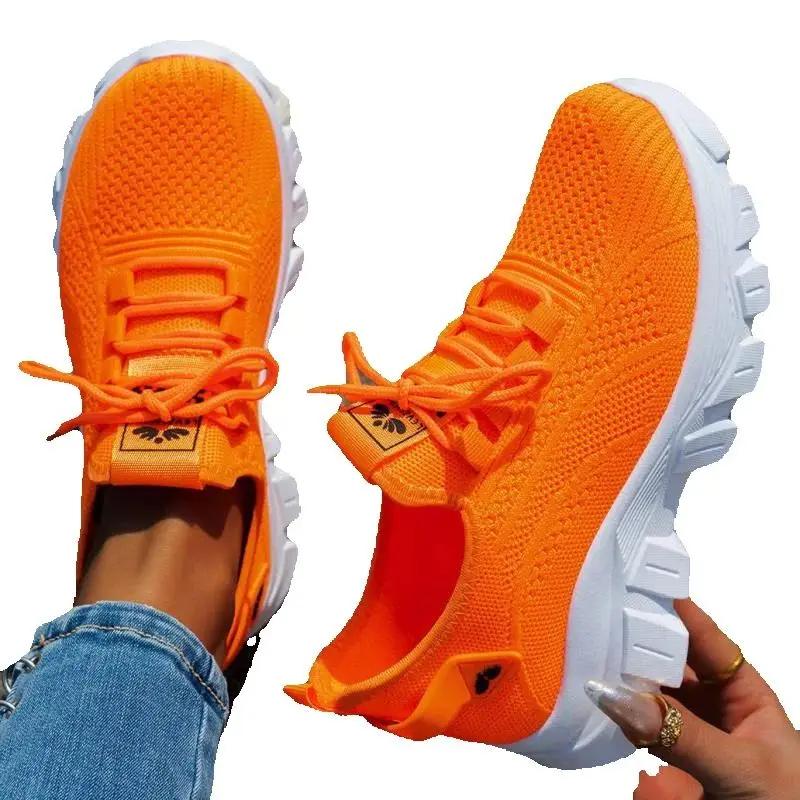 Spring Women Shoes Orange Sneakers Woman Knitted Shoes Breathable Mesh Ladies Casual Shoes Platform Lace-up Soft Thick Sole