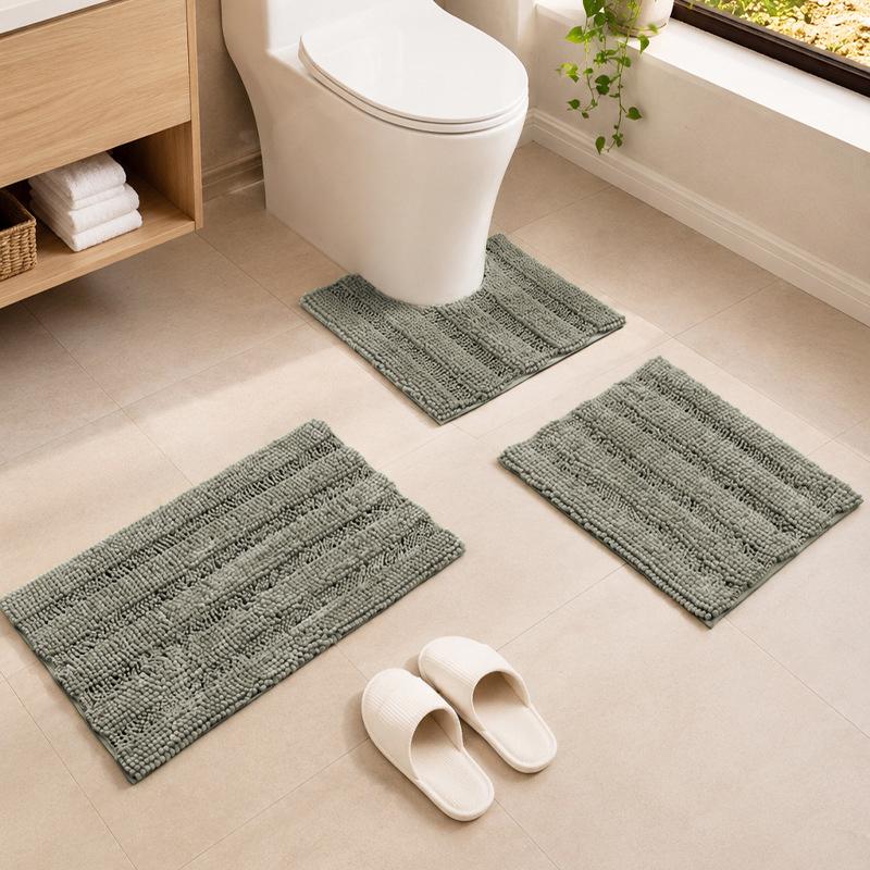 Chenille Bathroom Mat Set, Water Absorbent Toilet Floor Mats, Non‑Slip Bath Mat With U‑Shaped Toilet Rug For Home Bathroom